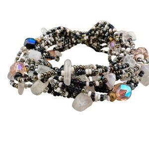 Boho Seed Bead Stretch‎ Bracelet Pink Quartz Crystal Accent Jewelry